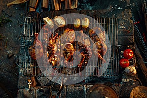 Generative AI Image of Top View of Grilled Chicken Food on a Grill for Dinner