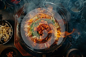 Generative AI Image of Top View of Spicy Grilled Chicken in Hot Plate with Fire Flame