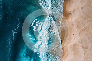 Generative AI Image of Top View of Summer Background with Blue Sea Waves on the Beach
