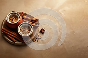 Generative AI Image of Traditional Medicine with Cinnamon Sticks and Hazelnuts on Ancient Paper Background