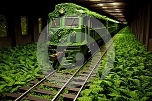 Generative AI image of a train covered with green leaves