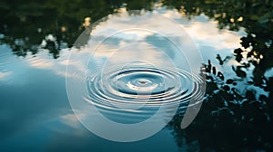 Generative AI Image of Tranquil Calm Water Drop Fall Ripple Nature with Tree Reflection Wallpaper photo