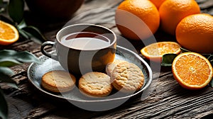 Generative AI Image Warm Citrus Infused Orange Tea and Cookies on Wooden Table Home House Teatime photo