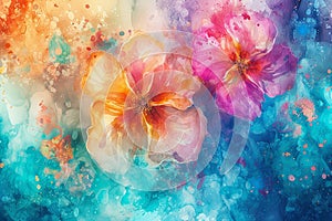 Generative AI Image of Watercolor Flowers Painting on Cool Blue Background