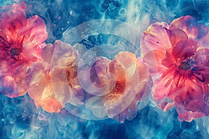 Generative AI Image of Watercolor Flowers Painting with Cool Blue Fluid Texture