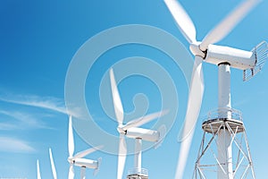 Generative AI Image of White Windmills for Wind Power Generation Rotating in Blue Sky