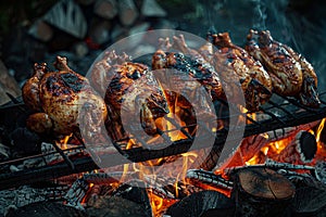 Generative AI Image of Whole Grilled Chicken Food on a Grill with Hot Fire Flame