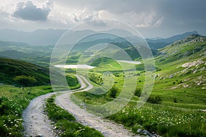 Generative AI Image of Winding Road in Countryside with Green Hills Under Cloudy Sky