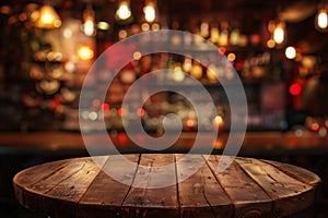 Generative AI image of a wooden round table and pub or bar blur background