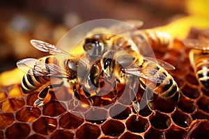 Generative AI Image of Yellow Bees Insect Working in a Honeycomb with Producing Sweet Honey