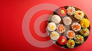 Generative AI Indian traditional sweets various laddu for festival on red background with copy space flat lay busi