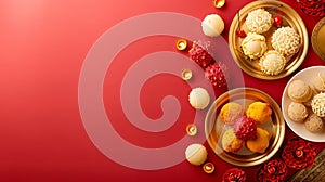 Generative AI Indian traditional sweets various laddu for festival on red background with copy space flat lay busi