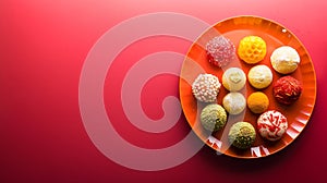 Generative AI Indian traditional sweets various laddu for festival on red background with copy space flat lay busi