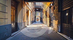 Generative AI Industrial area of Milan now restructured. Courtyard with nobody inside business concept.