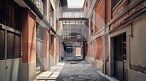 Generative AI Industrial area of Milan now restructured. Courtyard with nobody inside business concept. photo