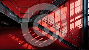 Generative AI Industrial building interior with red wall and black, metal staircase business concept.