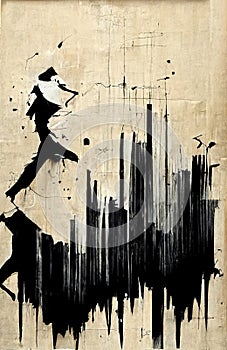 Generative AI, Ink black street graffiti art on a textured paper vintage background, inspired by Banksy.