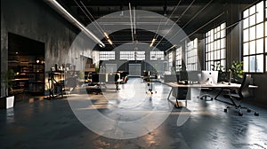 Generative AI Interior of modern industrial office with desks and computers. Empty open space office with essentia