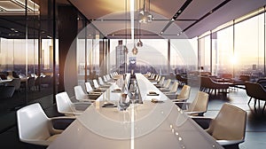 Generative AI Interior photography of a stylish corporate breakout area with long lunch table and chairs, meeting