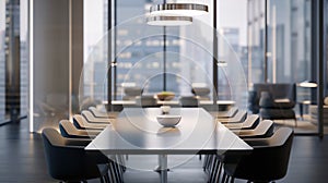 Generative AI Interior photography of a stylish corporate breakout area with long lunch table and chairs, meeting