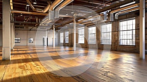 Generative AI An interior shot of an old, historic empty warehouse/factory, with exposed ducts and hardwood floors
