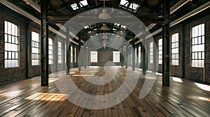 Generative AI An interior shot of an old, historic empty warehouse/factory, with exposed ducts and hardwood floors