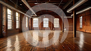 Generative AI An interior shot of an old, historic empty warehouse/factory, with exposed ducts and hardwood floors