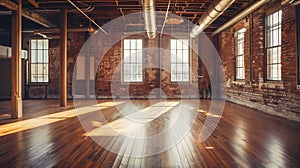 Generative AI An interior shot of an old, historic empty warehouse/factory, with exposed ducts and hardwood floors