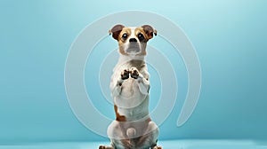 Generative AI Jack russell trick. Dog sitting on hind legs begging behaviour. Isolated on blue background. busines
