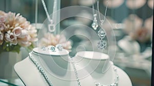 Generative AI Jewelry diamond rings and necklaces show in luxury retail store window display showcase business con