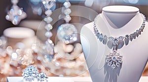 Generative AI Jewelry diamond rings and necklaces show in luxury retail store window display showcase business con