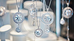 Generative AI Jewelry diamond rings and necklaces show in luxury retail store window display showcase business con