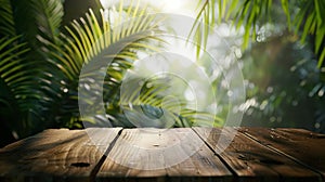 Generative AI Jungle table background Interior table for a cosmetic item against the backdrop of tropical plants p