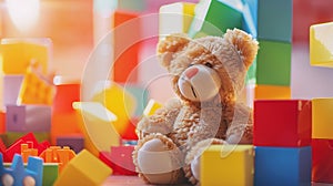 Generative AI Kids toys background with teddy bear and colorful blocks business concept.