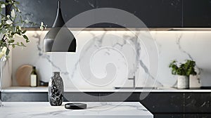 Generative AI Kitchen marble bench close up with black hanging pendant and vase business concept.