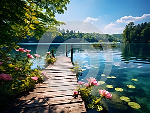 Generative AI. A lake full of flowers and water lilies, surrounded by trees, on a perfect sunny day