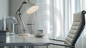 Generative AI Lamp with coffee cup on desk and empty chair by washing machine in home office at contemporary white