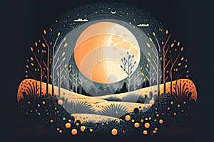 Generative AI, Landscape with full moon, clouds, grass, trees, stars and night forest, 3D craft effect style. Paper cut, adventure