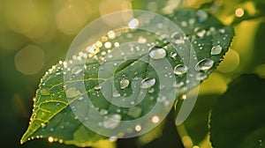 Generative AI Large beautiful drops of transparent rain water on a green leaf macro Drops of dew in the morning gl