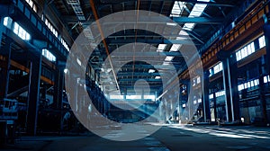 Generative AI Large hangar or warehouse of Metallurgical Plant, dark industrial factory interior, heavy industry b