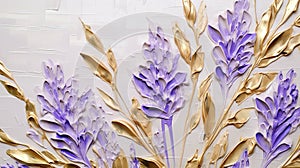 Generative AI, lavender branches hand drawn oil painting with golden leaves photo