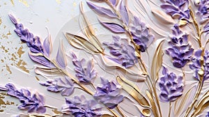 Generative AI, lavender branches hand drawn oil painting with golden leaves photo