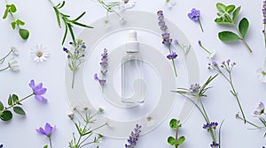 Generative AI Lavender essential oil in bottle fresh flowers and leaves isolated on white background Creative layo