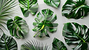 Generative AI Leaf pattern Green tropical leaves on gray background Summer concept Flat lay top view copy space sq