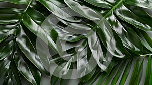 Generative AI Leaf pattern Green tropical leaves on gray background Summer concept Flat lay top view copy space sq