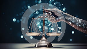 Generative AI and Legal Balance Conceptual Image. A conceptual photo blending the scales of justice with a cosmic theme