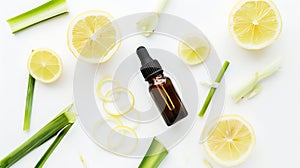 Generative AI Lemongrass essential oil with lemon grass slice isolated on white background Top view Flat lay busin