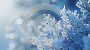 Generative AI Light soft snowy Christmas background backdrop Decorative blue snowflakes closeup macro in snow on n