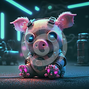 Generative AI of a little robot pig on a dark background with neon lights