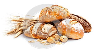 Generative AI Loaves of different bread and wheat ears isolated on white background business concept.